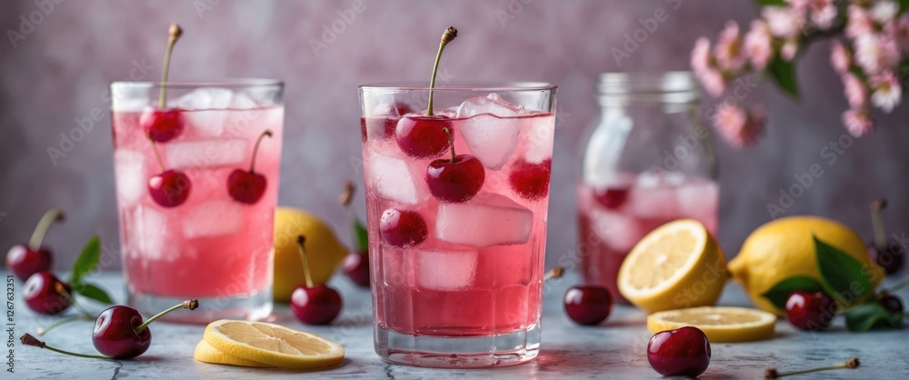 Aufkleber Refreshing Cherry Lemonade in Glasses with Ice and Fresh Lemons on a Rustic Background Ideal for Summer Beverage Promotions