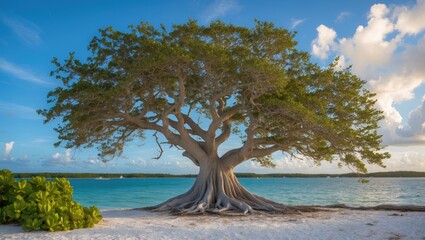 Majestic Geiger tree on a sandy beach island surrounded by turquoise waters and scenic clouds in a tranquil coastal landscape.