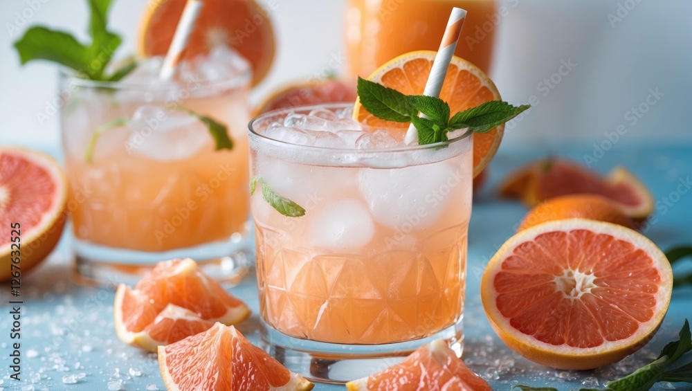 Poster Refreshing Grapefruit Cocktail With Mint Garnish And Straw Surrounded By Fresh Grapefruit Slices On A Bright Blue Background