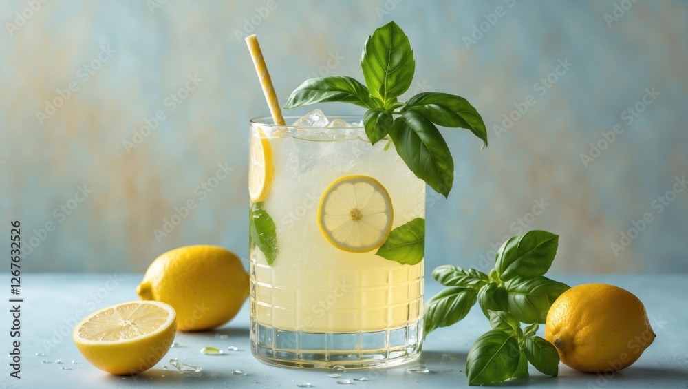 Poster Refreshing Basil Lemonade Cocktail with Ice Garnished with Lemon Slices and Fresh Basil Leaves on a Soft Background