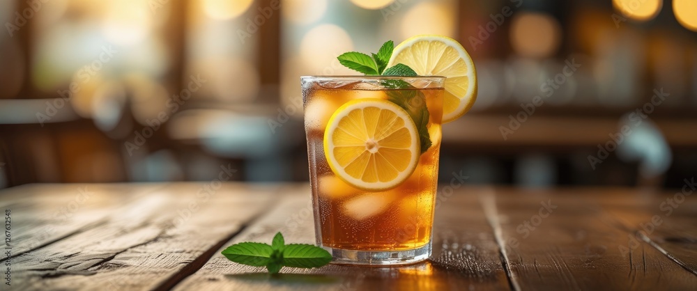 Poster refreshing iced tea with lemon and mint garnish on wooden table in cozy cafe ambiance with space for