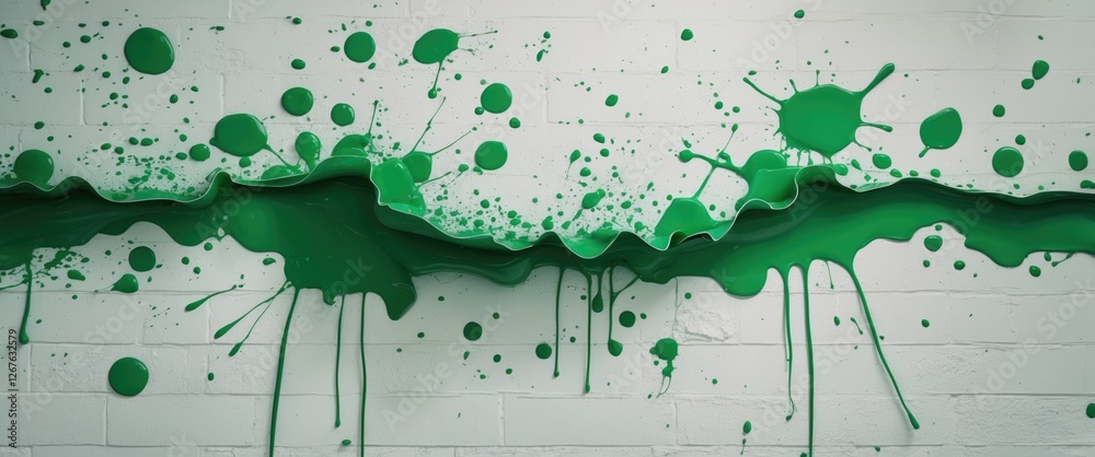 Poster Vibrant green paint splatters and drips on a textured white wall creating a dynamic and artistic background scene.