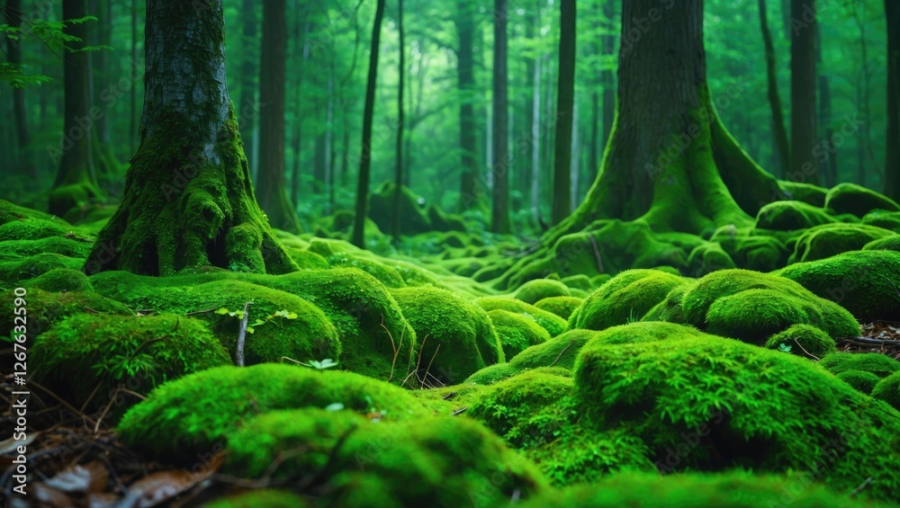 Aufkleber lush green forest moss carpet with tranquil atmosphere and space for text overlay in a serene natura