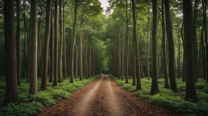 Serene forest pathway surrounded by tall trees promoting eco-consciousness and nature preservation. Perfect for environmental themes.