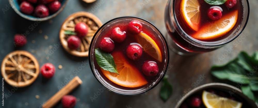 Aufkleber sangria with fresh berries and citrus garnish on table surrounded by ingredients for refreshing summ