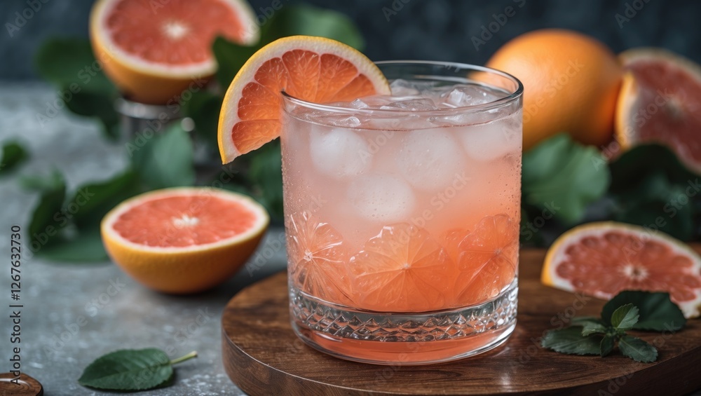 Aufkleber Refreshing Non-Alcoholic Grapefruit Cocktail with Ice and Citrus Garnish on Table Top with Grapefruit Halves and Leaves