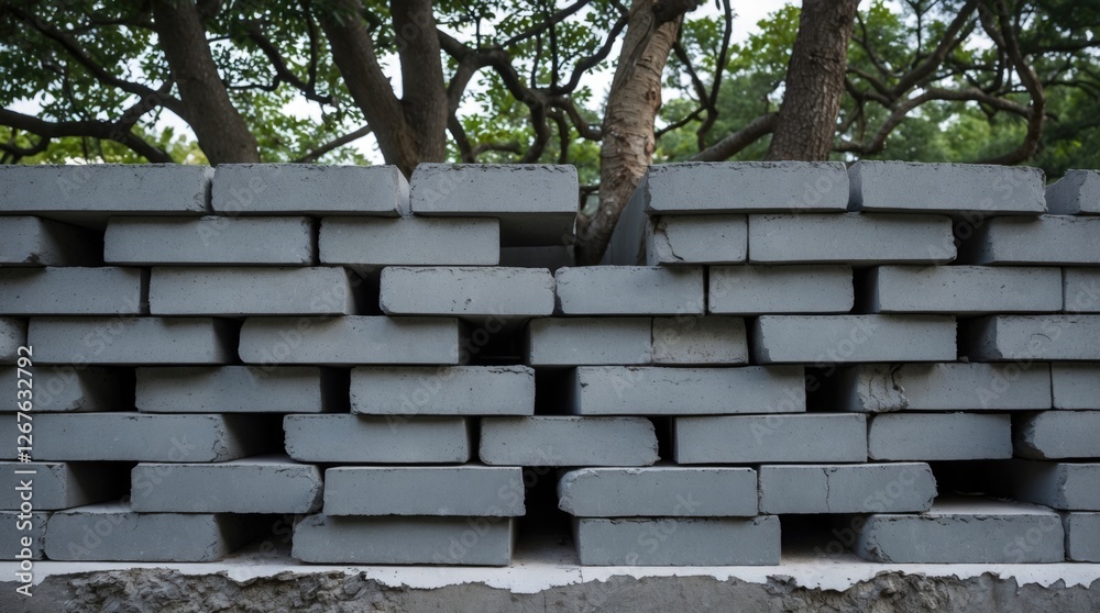 Poster Gray building bricks stacked neatly with visible cement joints and green treetops in the background creating a natural contrast.