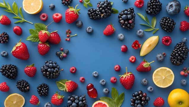 Colorful Assortment of Fresh Berries and Fruits on Vibrant Blue Background Ideal for Text Overlay Healthy Eating Concept Flat Lay