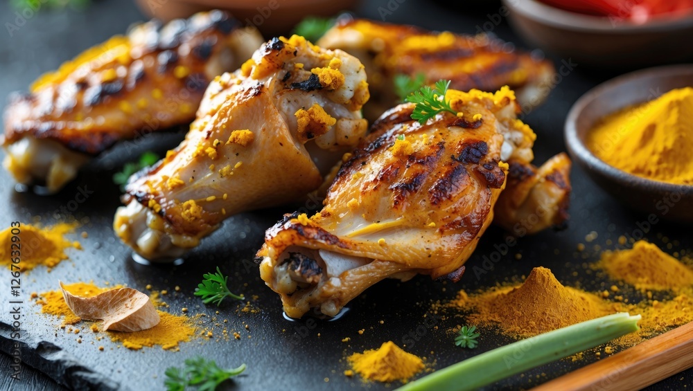 Poster grilled chicken wings with turmeric and spices on slate serving board for culinary presentations and