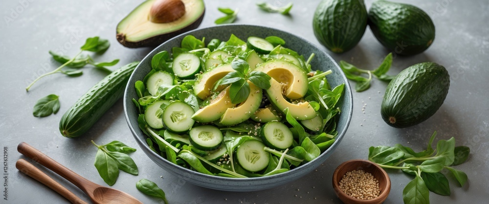 Aufkleber Fresh Green Salad with Cucumber and Avocado on a Plate Surrounded by Ingredients and Empty Space for Text or Branding