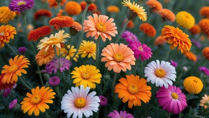 Fototapeta premium Vibrant field of Australian daisies and marigolds in various colors showcasing spring beauty and natural flora diversity