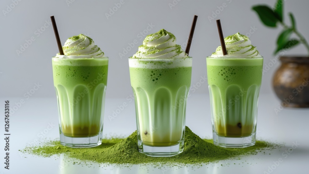 Poster refreshing iced matcha latte with whipped cream and matcha powder on white background