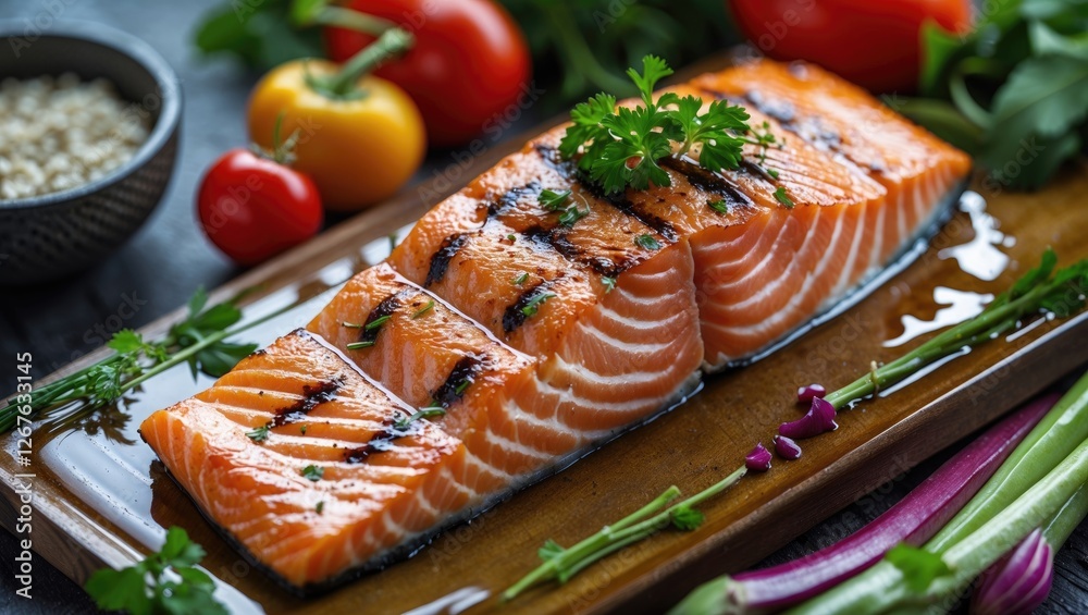Aufkleber grilled salmon fillet garnished with fresh herbs and colorful vegetables on a rustic plate with spac