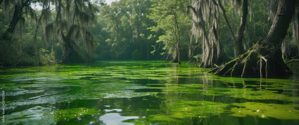 Aufkleber lush green lake with algae in a serene swamp surrounded by trees and spanish moss under soft natural