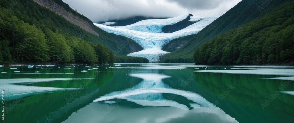 Poster serene green glacier lake surrounded by forest with glacier reflections and room for text overlay in