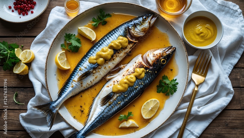 Poster grilled mackerel with ginger mustard honey sauce on a wooden table garnished with lemon and herbs to