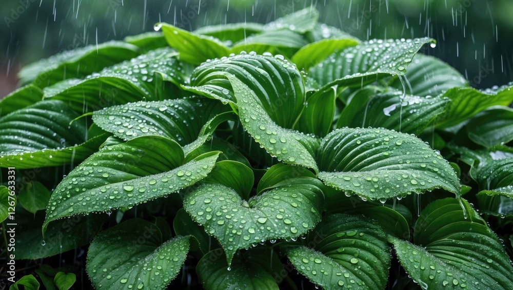 Poster Raindrops on lush green Hosta leaves with vibrant texture and empty space for text or graphics in a serene natural setting.