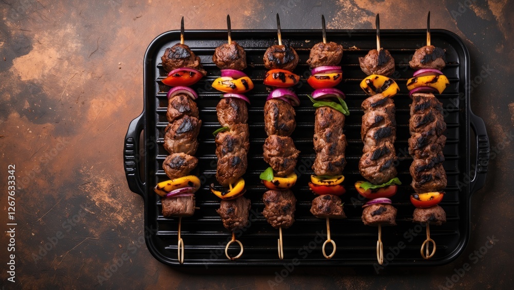 Poster Grilled kebabs on skewers with colorful vegetables on a barbecue grill against a textured background suitable for food advertisements.