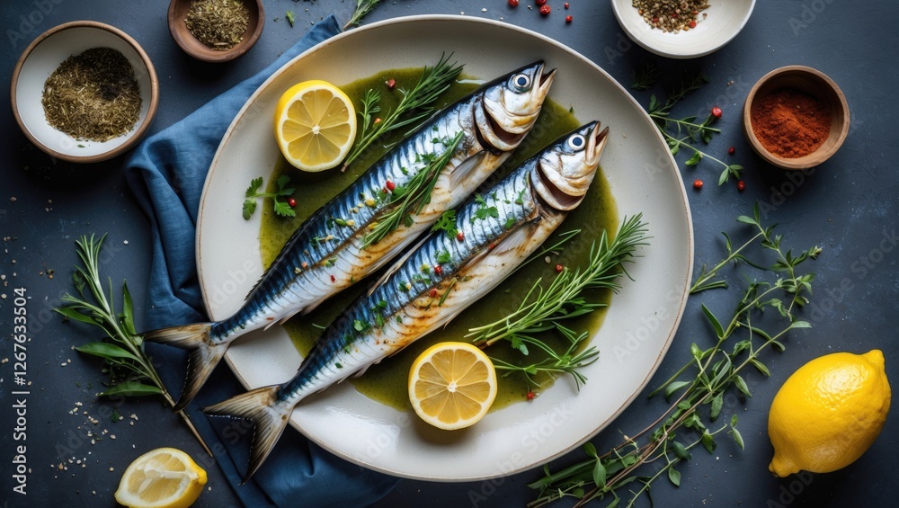 Aufkleber grilled mackerel fish with lemon and herbs surrounded by spices captured from top view for menu reci