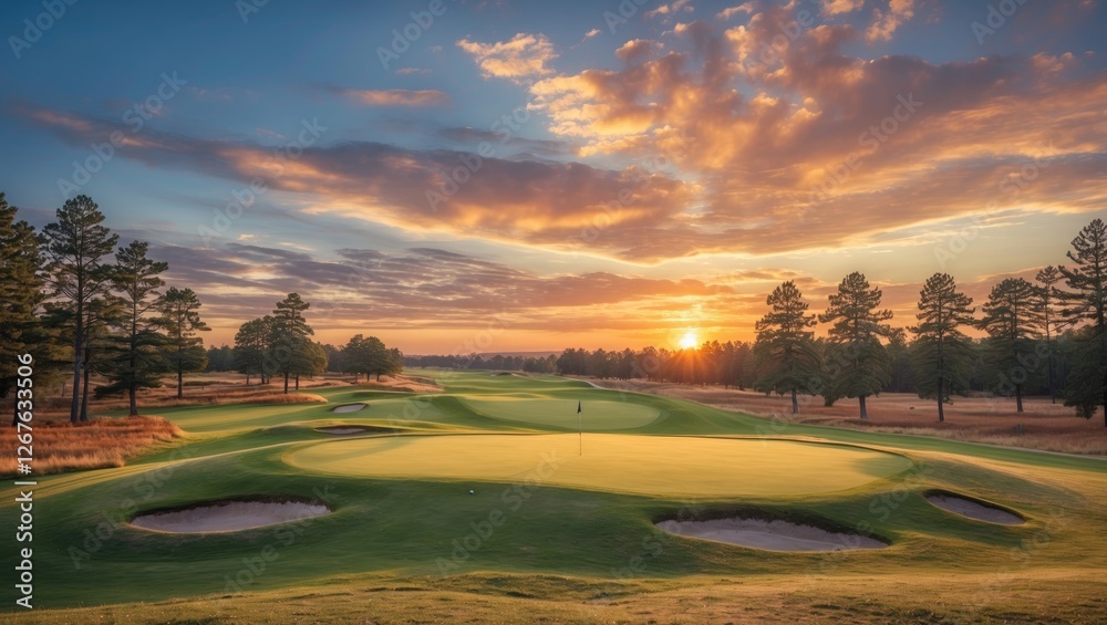 Poster scenic golf course at sunset with colorful sky and panoramic fairway view surrounded by pine trees i