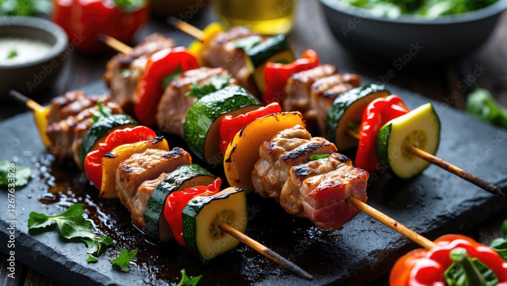 Poster grilled pork kebabs with colorful vegetables on slate serving board