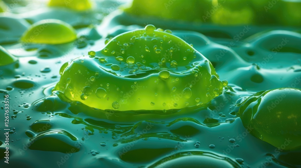 Fototapete Vibrant green gelatin with bubbles forming in a liquid environment creating an abstract and visually appealing background.