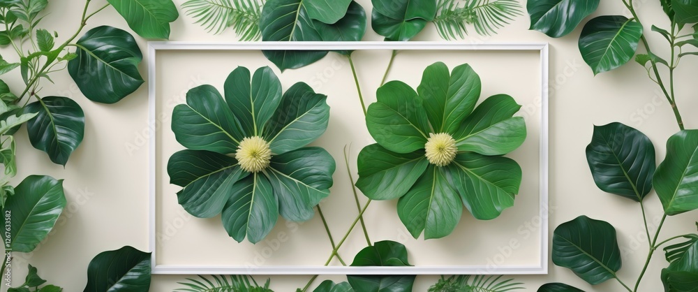 Poster lush green flower leaves arranged in a white frame on a neutral background creating an elegant natur