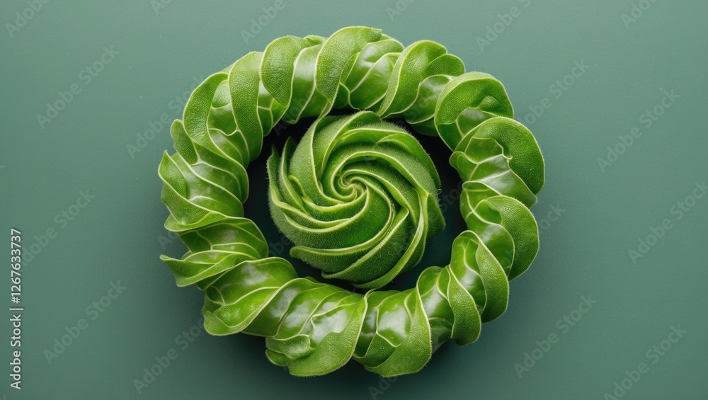Poster vibrant green plant spiral with curled leaves on a solid background and ample copy space for text ov