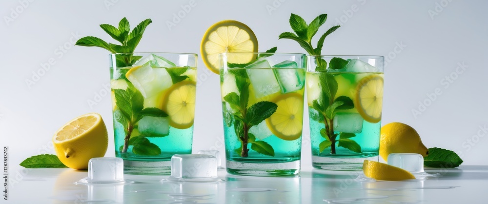 Aufkleber Refreshing Lemonade with Mint and Ice Cubes Served in Glasses on White Background with Space for Custom Text or Advertisements