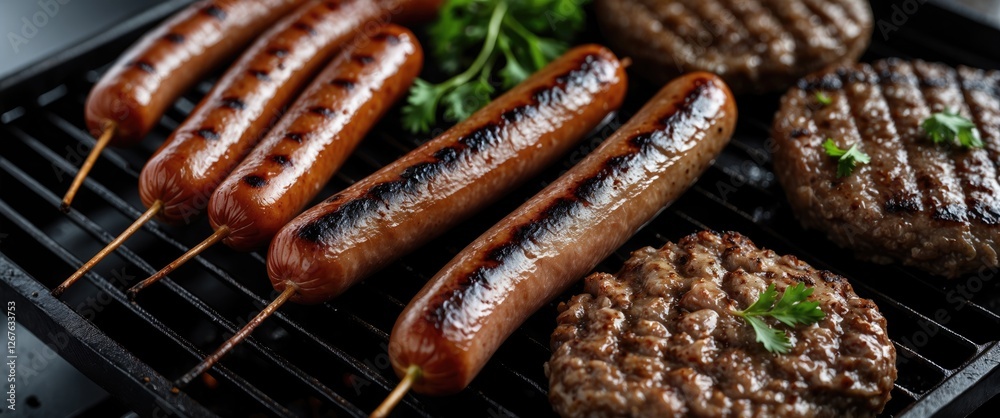 Poster grilled sausages and beef burgers on barbecue with fresh herbs and empty space for text for culinary