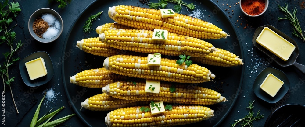 Poster grilled corn on the cob served with butter herbs and spices on a dark plate top view with copy space
