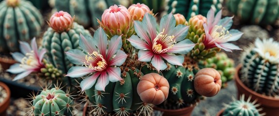 Fototapeta premium Vibrant Cactus Blooms and Unique Fruits Showcasing Nature's Beauty in a Desert Garden Setting