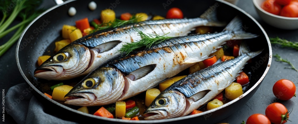 Poster grilled mackerel fillets with colorful vegetables in a nonstick pan garnished with fresh herbs and c