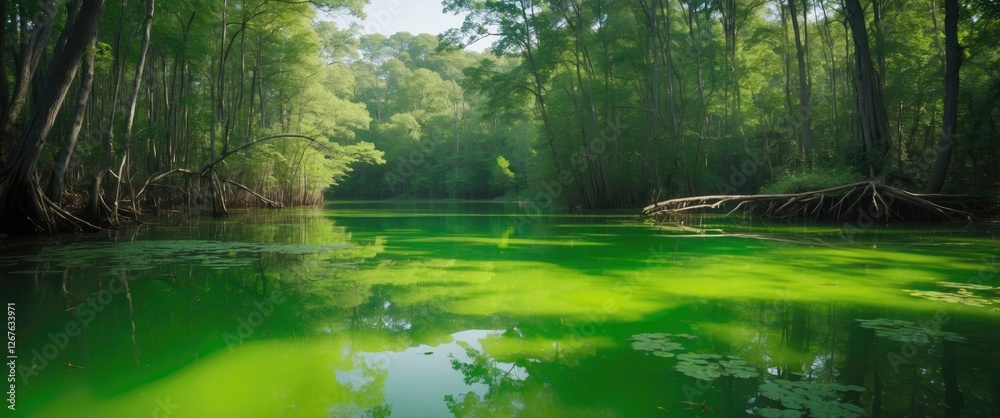 Poster lush green water reflecting sunlight in a tranquil lake surrounded by dense foliage creating a seren