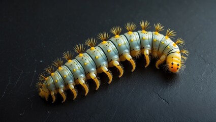 Obraz premium Vibrant Yellow Hairs Caterpillar on Black Background Macro View with Space for Text Creative Nature Photography
