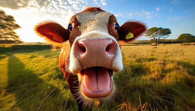 A close-up of a happy cow with its tongue out in a sunlit pasture.