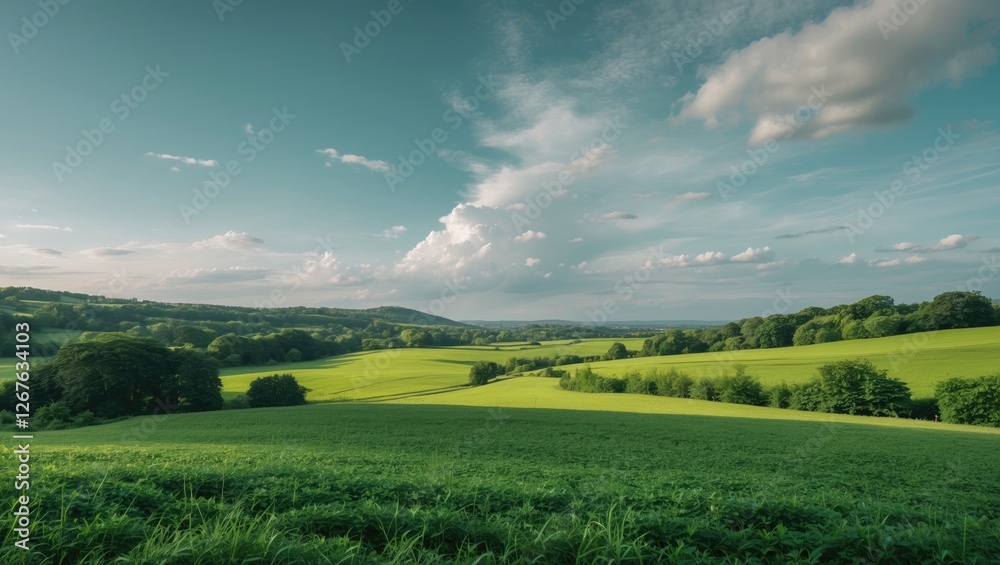 Poster Lush Green Rolling Hills Under Clear Blue Sky Nature Landscape with Ample Space for Text or Branding Usage