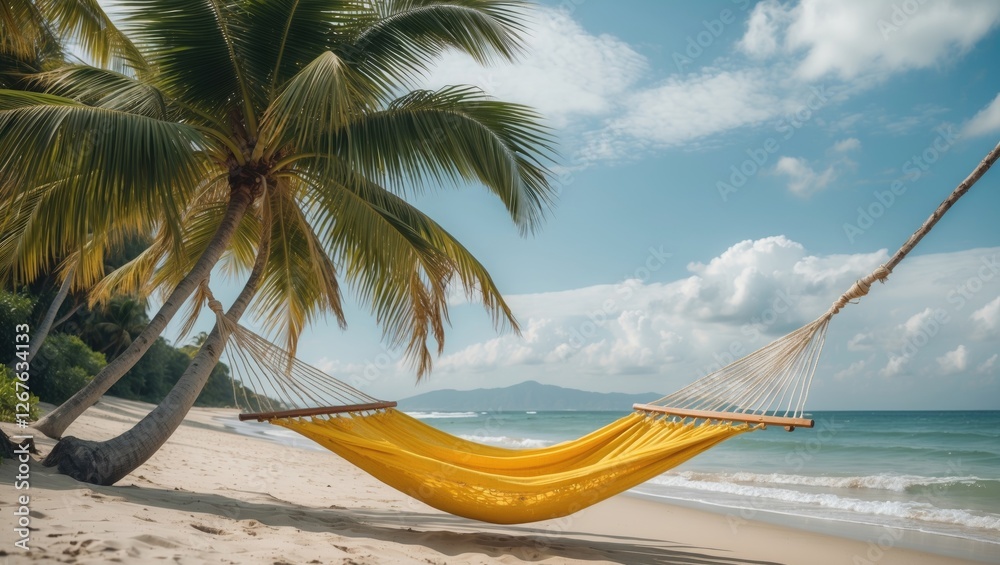 Poster tropical beach scene with green palm tree and yellow hammock relaxing by the water perfect for summe