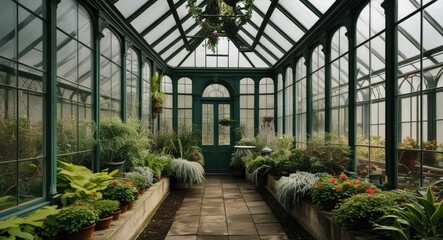 Historic greenhouse interior showcasing lush greenery and intricate glass wall design in a tranquil winter garden setting.