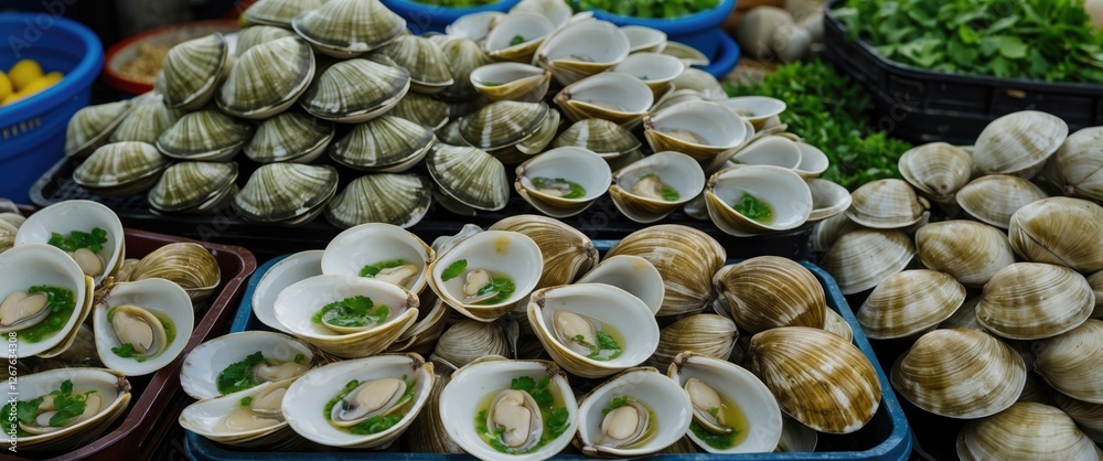 Poster Fresh Green Clams Displayed at Market Stall with Empty Space for Text and Ingredients in Background