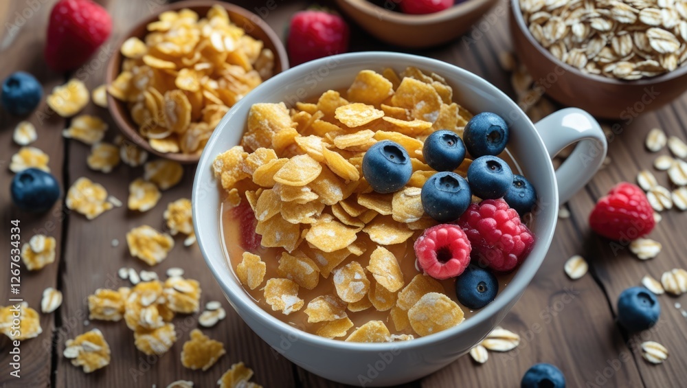 Poster breakfast bowl with golden corn flakes topped with fresh blueberries and raspberries on a rustic woo