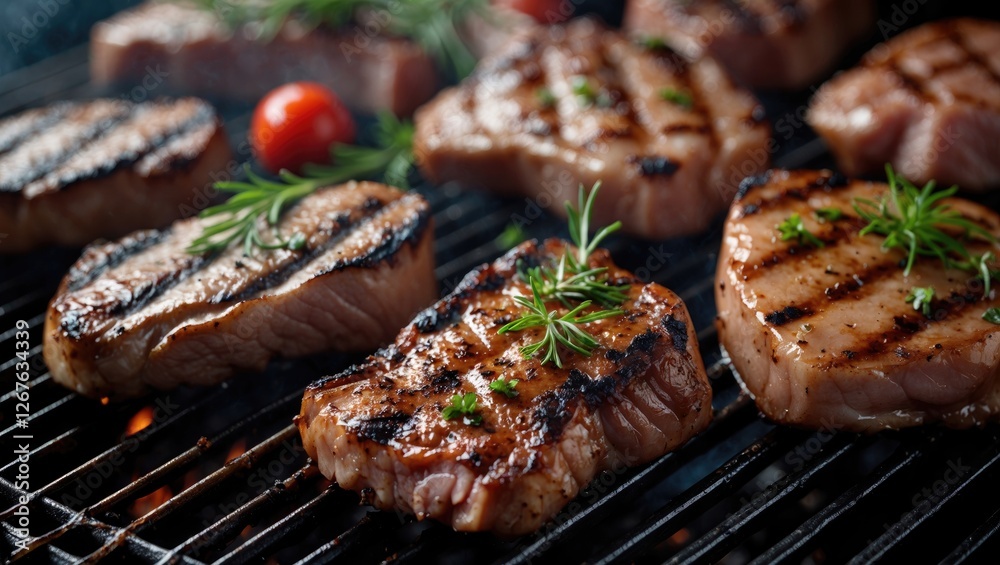 Poster grilled meat varieties on barbecue with fresh herbs and empty space for text display