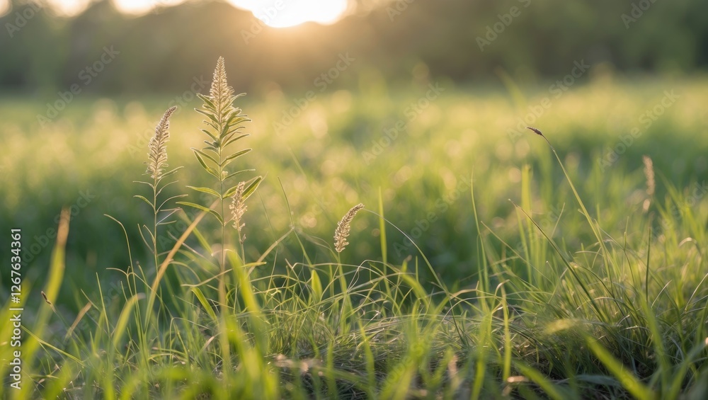 Aufkleber sunlit wild grass in early morning with shallow depth of field perfect for natural backgrounds and s