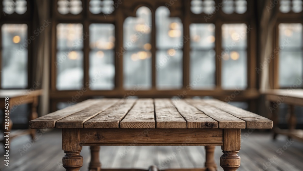 Poster wooden table in a cozy setting with soft focus background ideal for mock up design and product displ
