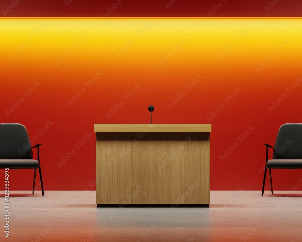 Canvas Prints Sophisticated Framing: A front view of a courtroom stage with a simple wooden podium and microphone at its center, illuminated under soft lighting. 