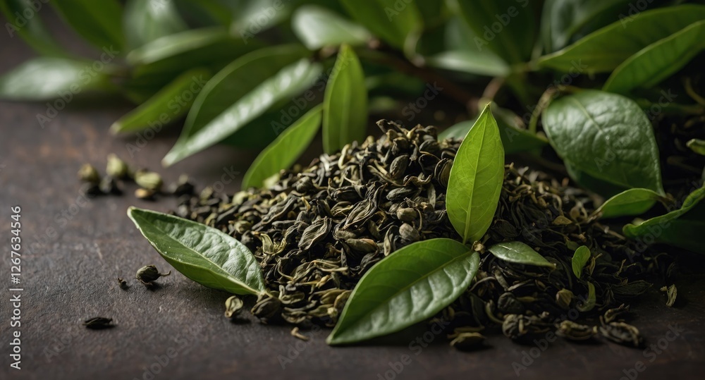 Aufkleber green tea leaves piled on wooden surface with fresh leaves and empty space for text in organic natur
