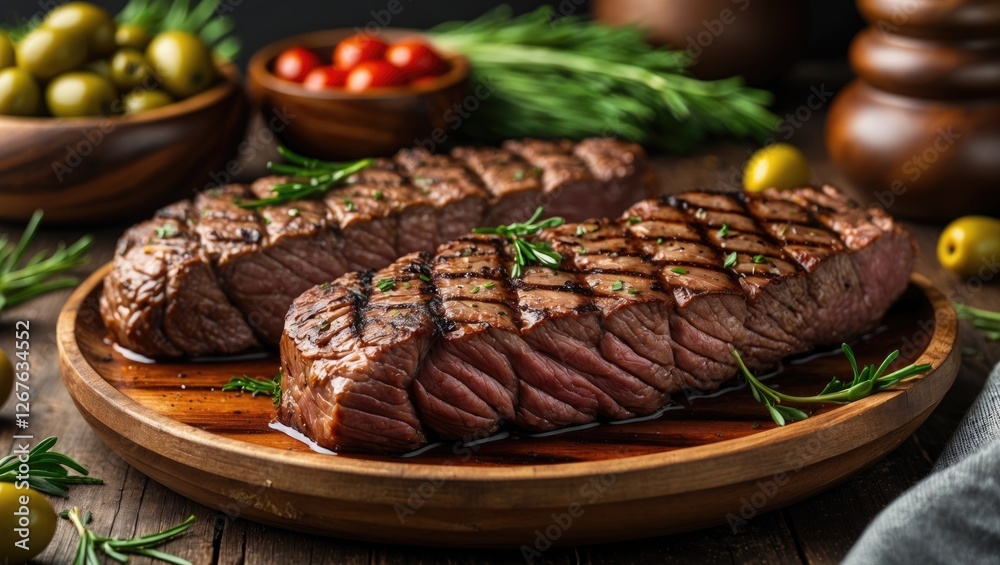 Poster grilled beef steak on wooden plate with fresh vegetables and olives in background gourmet culinary p