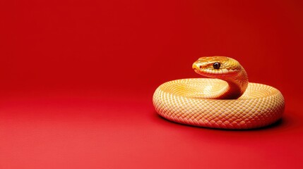 Fototapeta premium Striking Focus: A minimalist view of a golden snake coiled on the right side of the frame against a solid, crimson background. 
