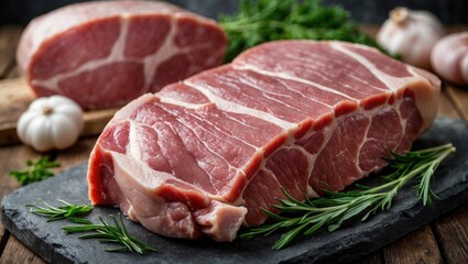 Raw pork loin chop with herbs and garlic on a rustic wooden table, ideal for culinary and meat-related advertising or recipe presentations.