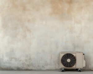 Subtle Innovation: A side-angle shot of a compact black air conditioning unit mounted on a concrete wall, with the cool tones of the wall contrasting with the sleek lines of the unit. 